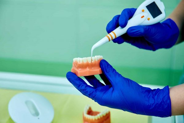 Dentist holding teeth model denture and periodontal probe.